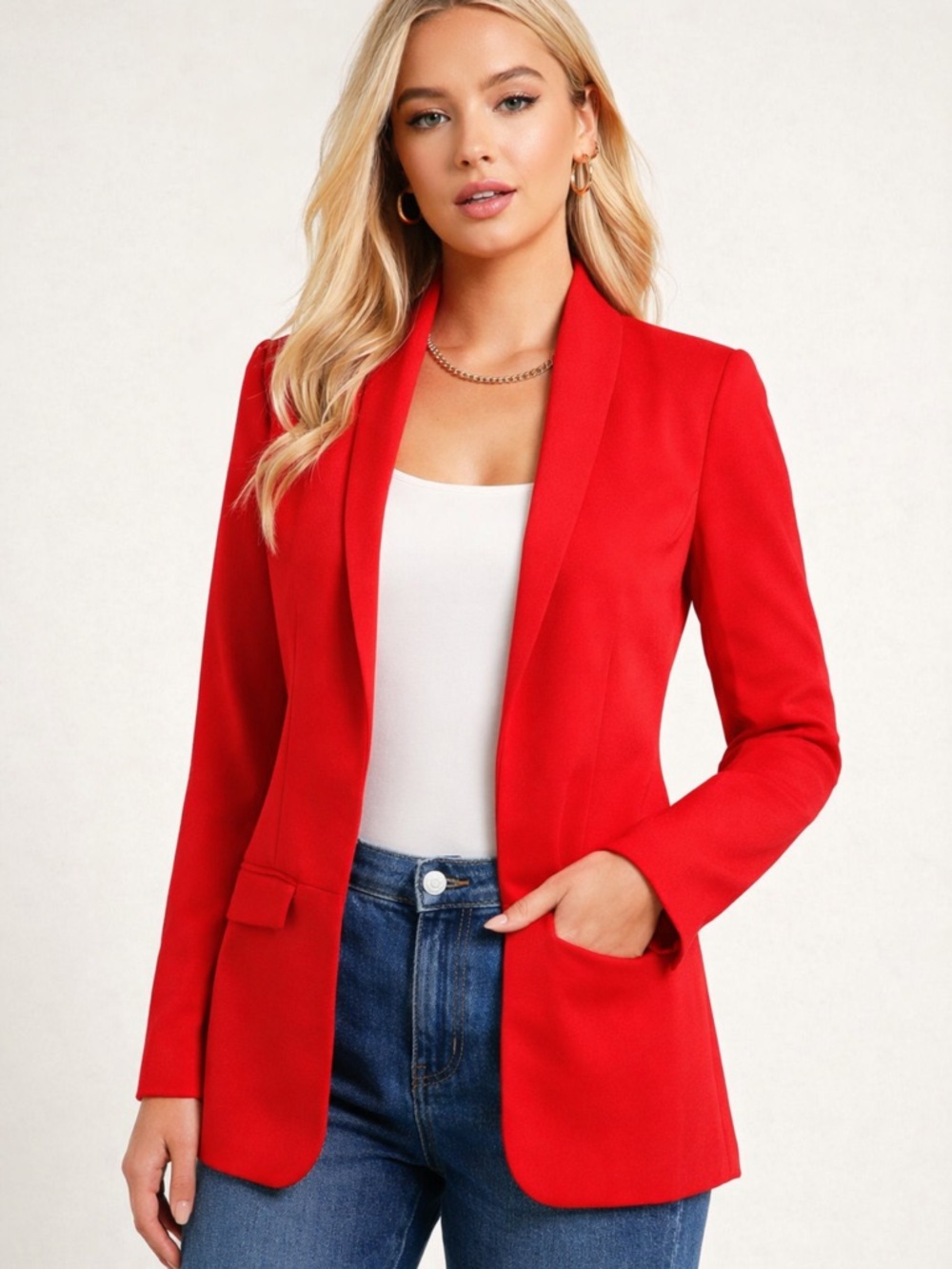 ❤️ Lady in Red Open-Front Tailored Blazer